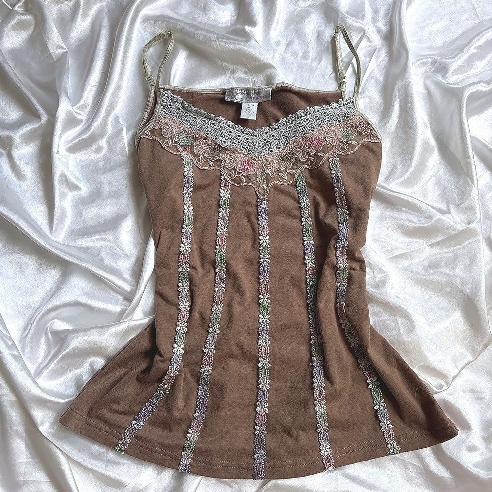 y2k Young Essence Cami Top Brown Floral Lace Crochet Linen Blend M